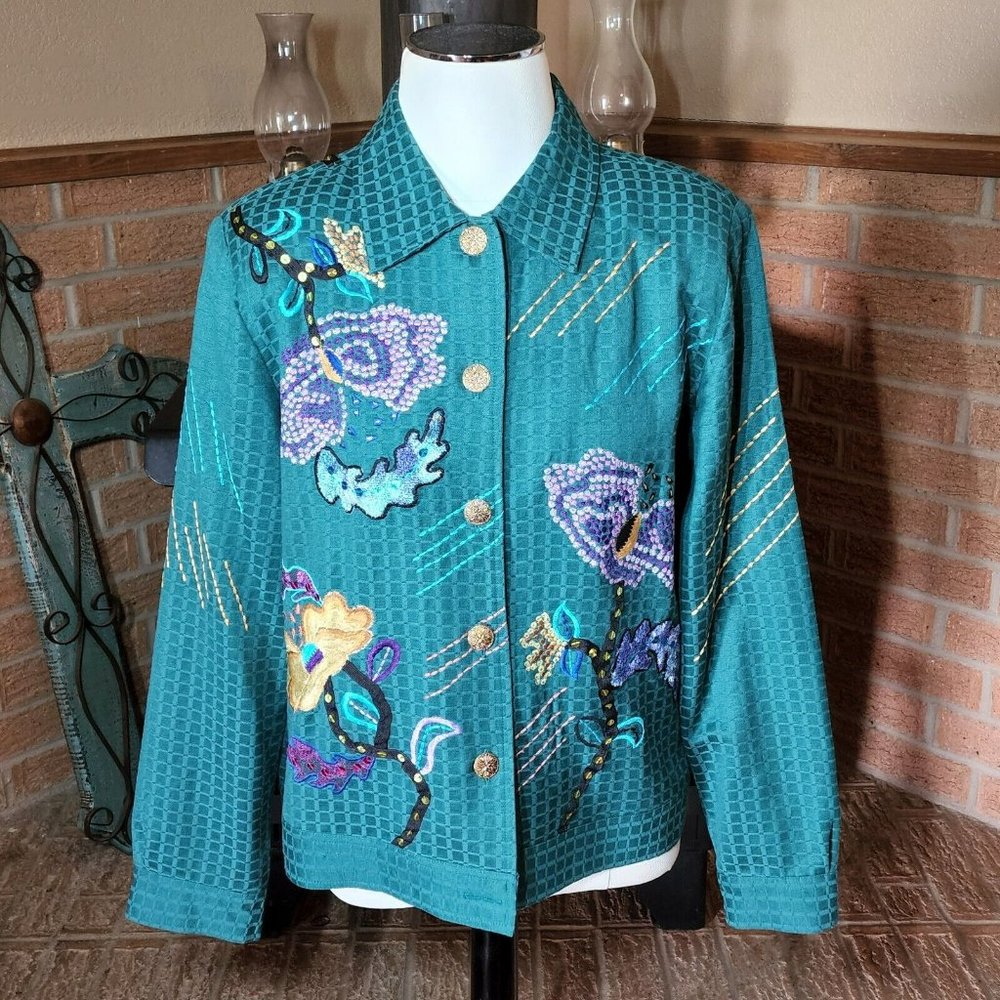 Vintage Alex Kim Aquamarine Embroidered Sequined Embellished Lined Jacket Sz M